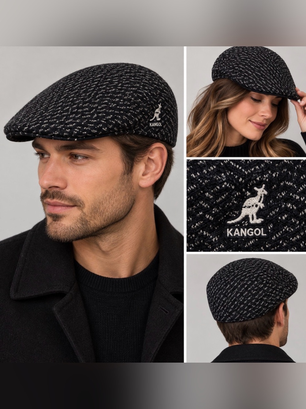 Kangol 504 Rangoli Textured Flat Cap Black Grey Large Unisex